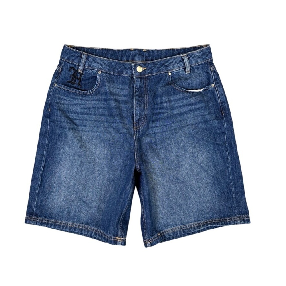 Hoodrich UK Denim Shorts Blue Embroidered Logo Streetwear Womens Size 12 USA